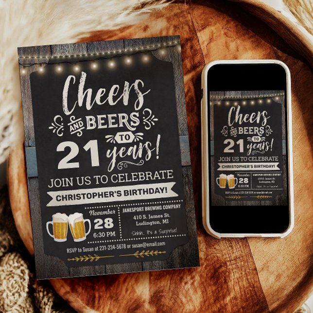 Convite de Aniversário de 21 anos Surpresa Com Apl (Surprise Cheers and Beers 21st Birthday Invitation)