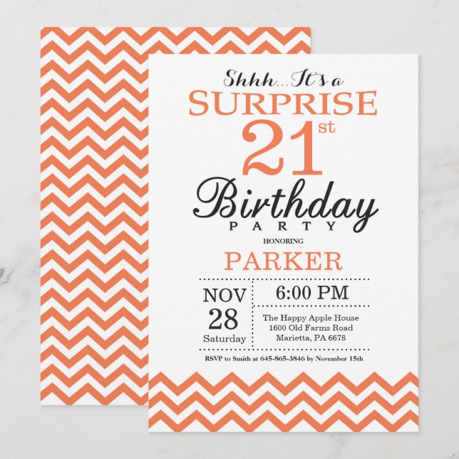 Convite de Aniversário de 21 anos Surpresa Coral C (Frente/Verso)