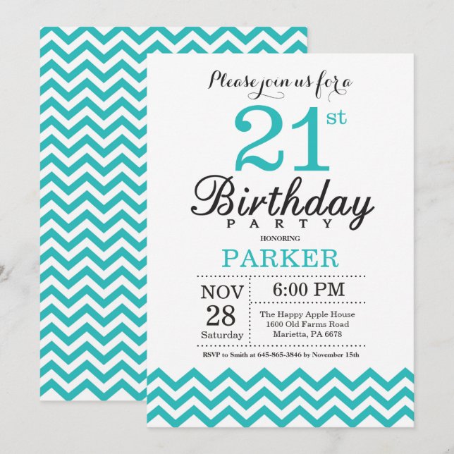 Convite de Aniversário de 21 anos Teal Chevron (Frente/Verso)