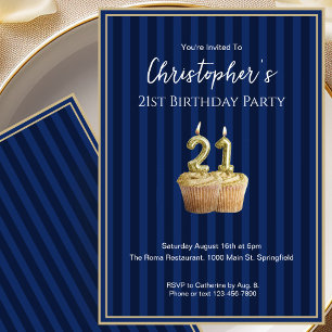 Convite de Aniversário de 21 Anos Único Azul Doura