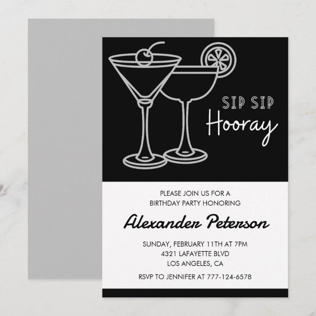 Convite de aniversário de 22 anos Chic Cocktail Pr (Frente/Verso)
