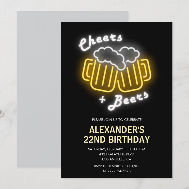 Convite de aniversário de 22 anos Neon Brindes e C (Frente/Verso)