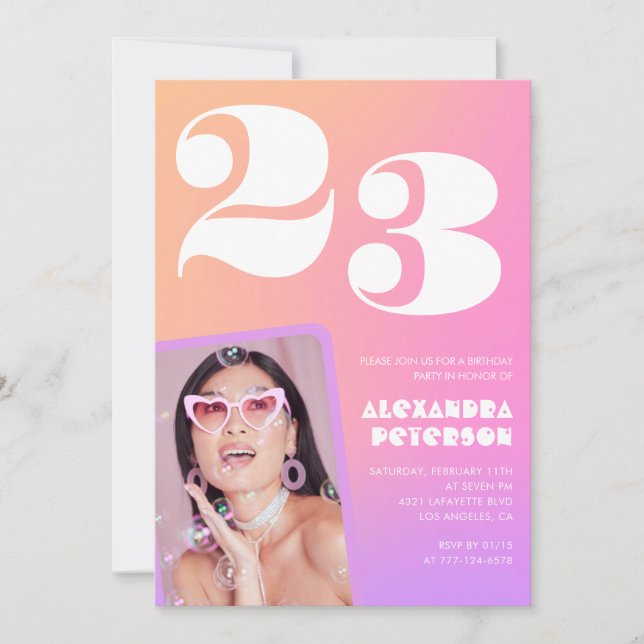 Convite de aniversário de 23 anos com gradiente ro (Frente)