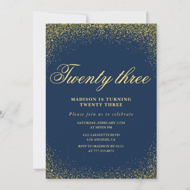 Convite de aniversário de 23 anos elegante Glitter (Frente)