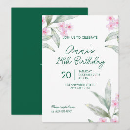 Convite de Aniversário de 24 Anos Floral Rosa Eleg