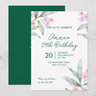 Convite de Aniversário de 24 Anos Floral Rosa Eleg