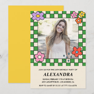 Convite de aniversário de 24 anos Retro Floral Gro