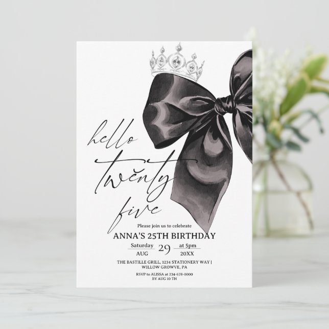 Convite de Aniversário de 25 Anos Black Bow (Em pé/Frente)