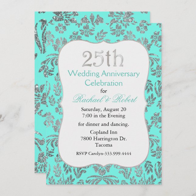 Convite de Aniversário de 25 Anos Ciano e Prata (Frente/Verso)