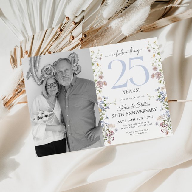 Convite de Aniversário de 25 Anos com Foto de Flor (Criador carregado)