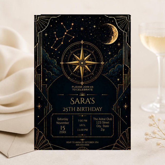 Convite de Aniversário de 25 anos de Sagitário Cel (Celestial Sagittarius 25th birthday invitation with black gold stars and elegant Art Deco style.)