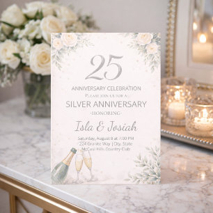 Convite de Aniversário de 25 Anos Floral Prata
