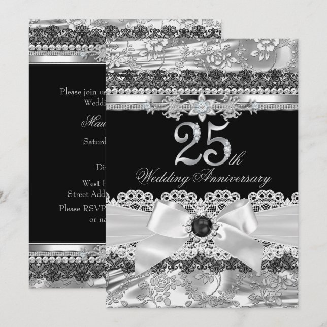 Convite de Aniversário de 25 anos Laço de Pérola P (Frente/Verso)