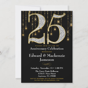 Convite de Aniversário de 25 Anos Preto Dourado Di