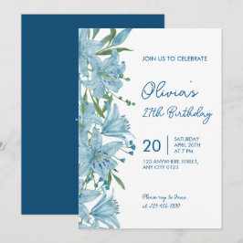 Convite de Aniversário de 27 Anos Lírio Azul Elega
