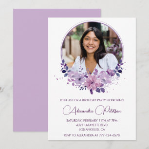Convite de aniversário de 29 anos Floral Roxo