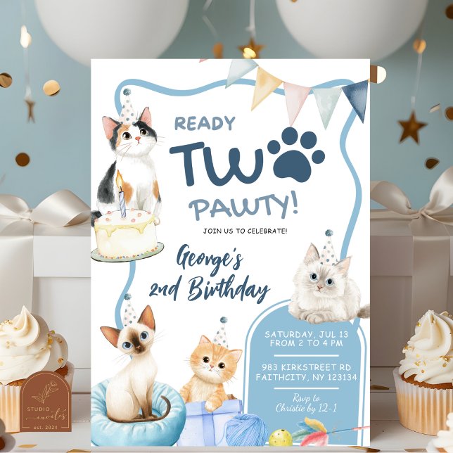 Convite de Aniversário de 2 anos Blue Cat Ready Tw (Criador carregado)