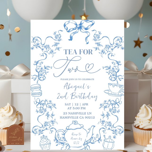 Convite de Aniversário de 2 anos Blue Toile Tea fo (Criador carregado)