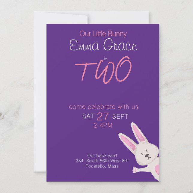 Convite de Aniversário de 2 Anos Coelhinho Rosa Mo (Frente)