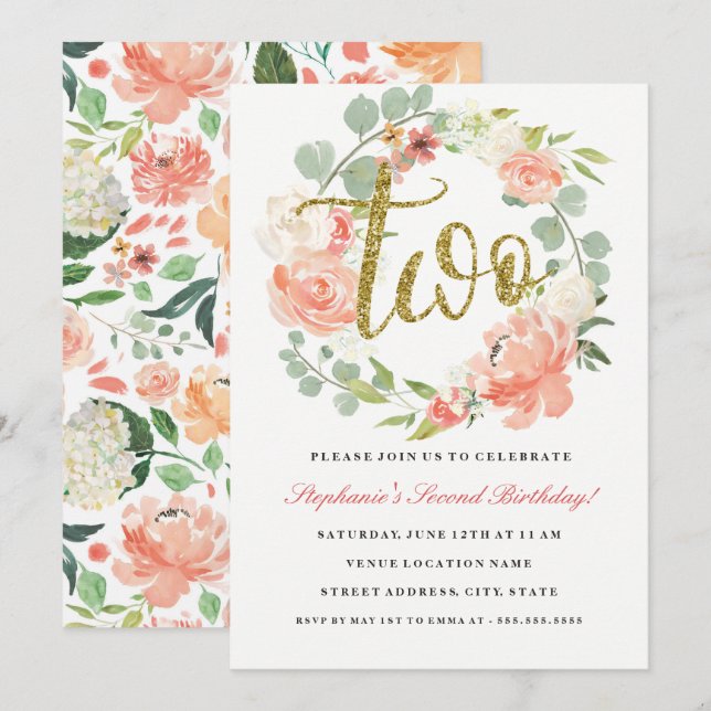 Convite de Aniversário de 2 Anos com Coroa Floral  (Frente/Verso)