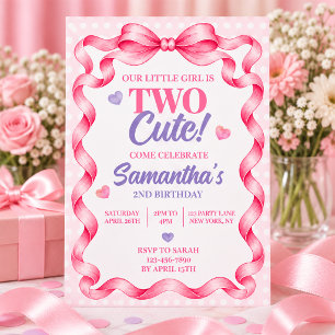 Convite de Aniversário de 2 Anos com Laço Rosa Fof