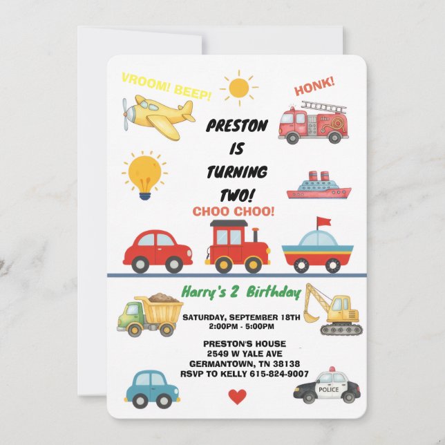 Convite de Aniversário de 2 anos com Transporte em (Frente)