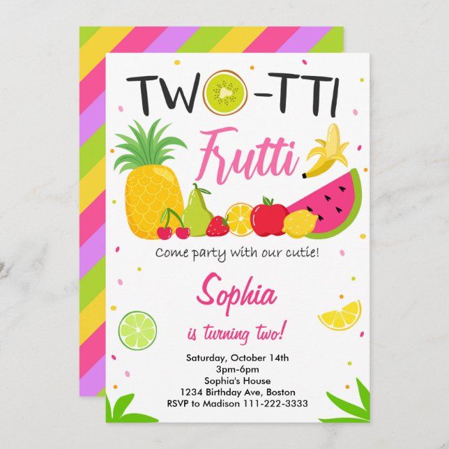 Convite de Aniversário de 2 anos de Twotti Frutti  (Frente/Verso)