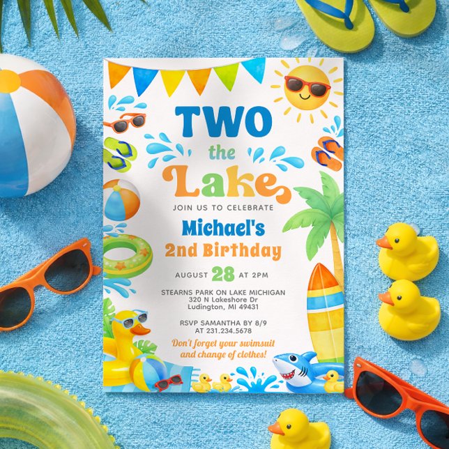 Convite de Aniversário de 2 Anos de Verão - Dois a (Boy 2nd Birthday Invitation - Two the Lake - Summer Party)