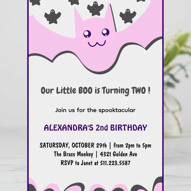 Convite de aniversário de 2 anos do Halloween Fant (halloween-2nd-birthday-invitation-Ghost-Little-boo-pink-purple-1)
