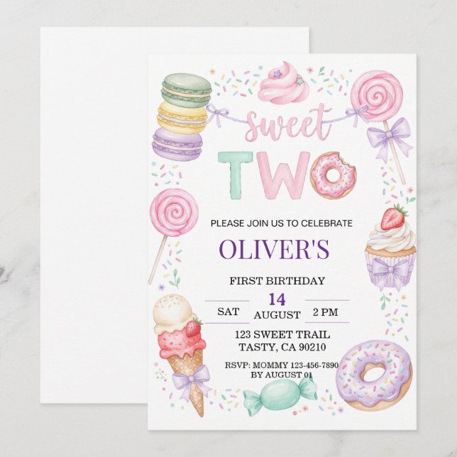 Convite de Aniversário de 2 Anos Doce Duas Sobreme (Frente/Verso)