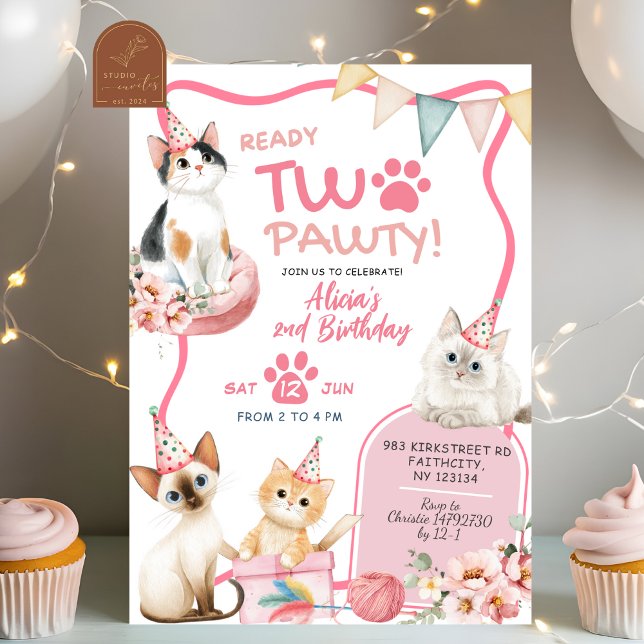 Convite de Aniversário de 2 anos Pink Cat Ready Tw (Criador carregado)