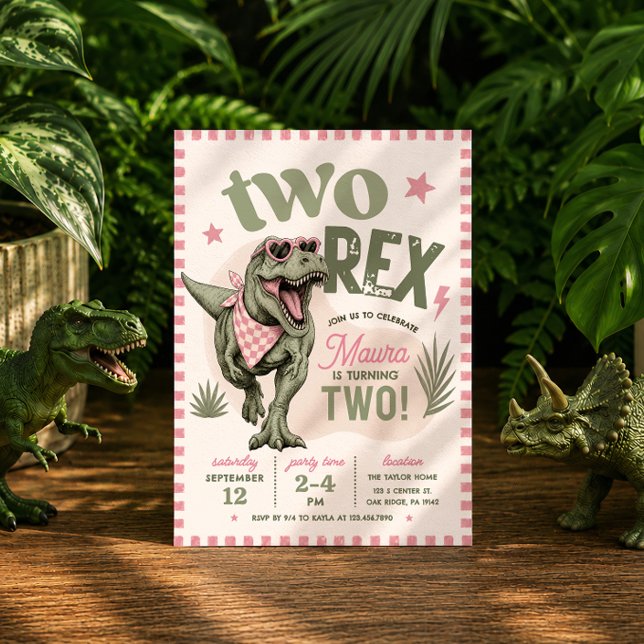 Convite de Aniversário de 2 anos Pink Two Rex (Criador carregado)