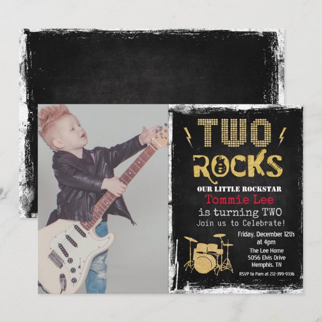 Convite de Aniversário de 2 Anos Rockstar Drumset  (Frente/Verso)