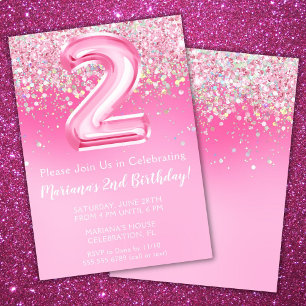 Convite de Aniversário de 2 anos Rosa Menina Brilh