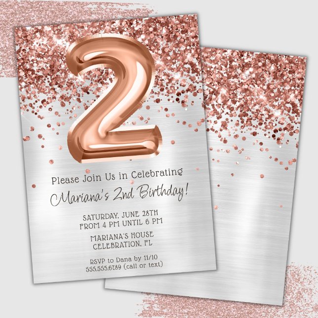 Convite de Aniversário de 2 Anos Rose Gold Silver (Criador carregado)