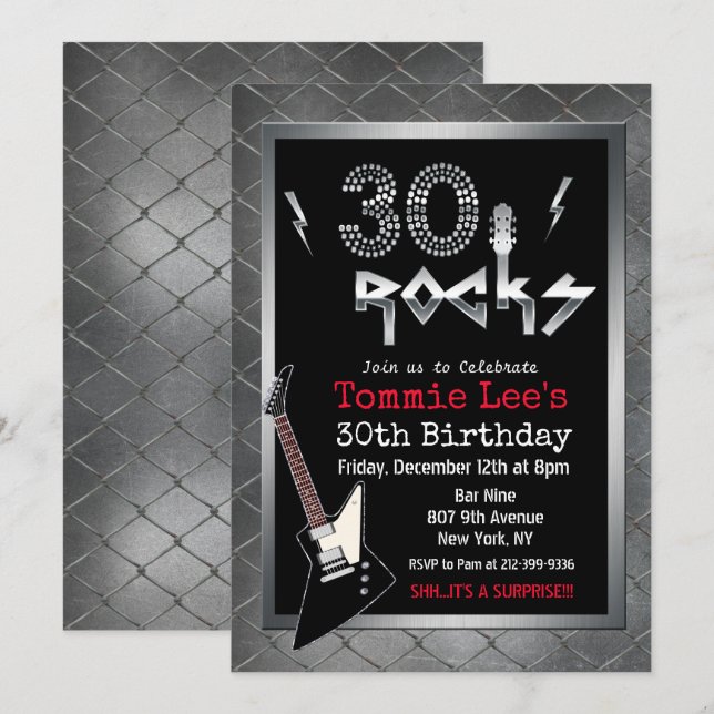 Convite de Aniversário de 30 Anos 30 Rocks Guitarr (Frente/Verso)