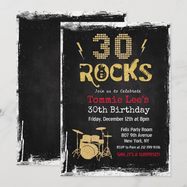 Convite de Aniversário de 30 Anos 30 Rocks Guitarr (Frente/Verso)