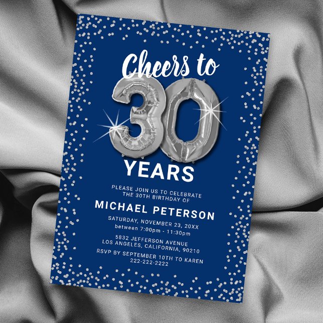 Convite de Aniversário de 30 anos Azul e Prata (Criador carregado)