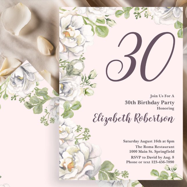 Convite de Aniversário de 30 anos Blush Rosa Flora (Criador carregado)
