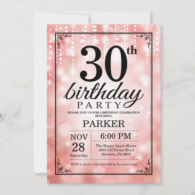 Convite de Aniversário de 30 anos Brilho Rosa (Frente)