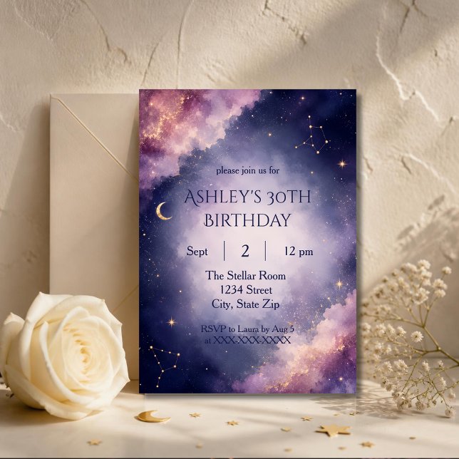 Convite de Aniversário de 30 anos Celestial Elegan (Elegant lavender galaxy invitation personalized for a stylish 30th birthday celebration.)