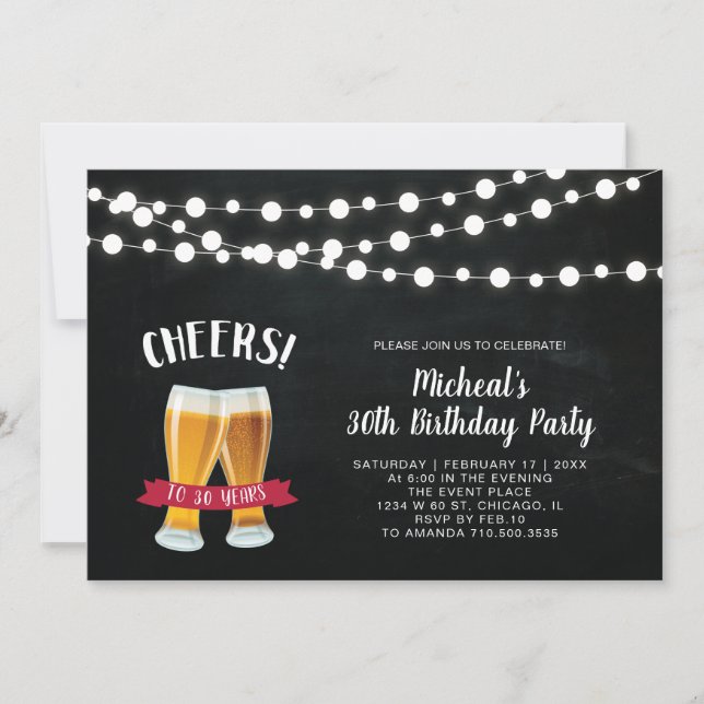 Convite de Aniversário de 30 anos Chalkboard Cheer (Frente)