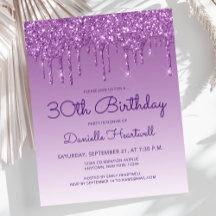 Convite de Aniversário de 30 anos com Brilho Roxo 