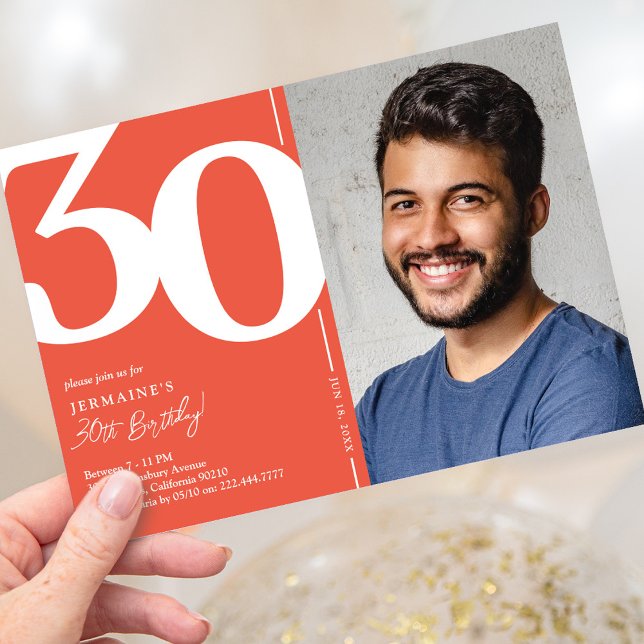 Convite de Aniversário de 30 Anos com Foto Vermelh (Criador carregado)