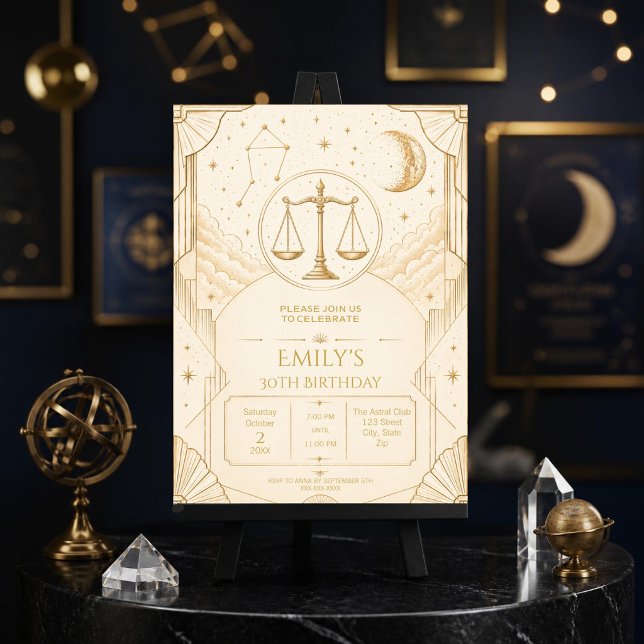 Convite de Aniversário de 30 anos de Libra | Celes (Elegant Libra 30th birthday invitation with celestial Art Deco design for unforgettable zodiac celeb)