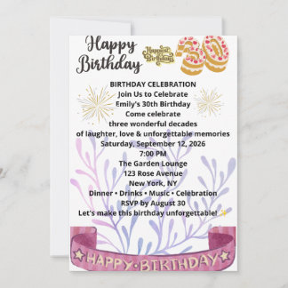 Convite de Aniversário de 30 anos Elegante – Flora
