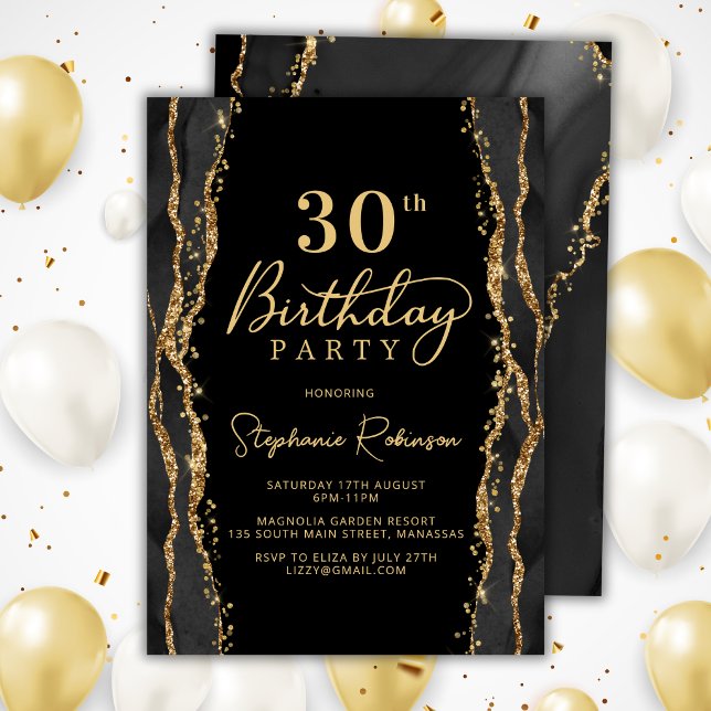 Convite de Aniversário de 30 Anos em Ágata Preta e (Criador carregado)