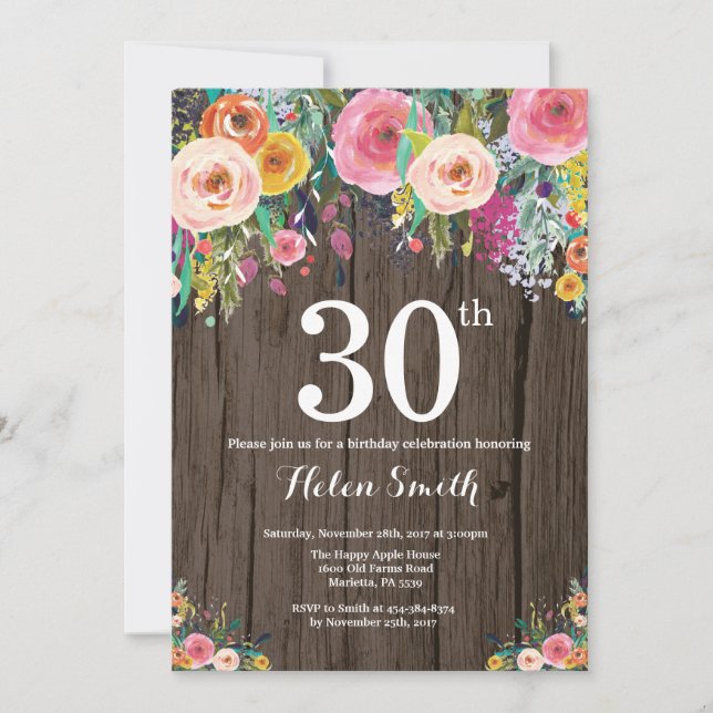 Convite de Aniversário de 30 anos Floral Rústico (Frente)