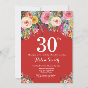 Convite de Aniversário de 30 anos Floral Vermelho