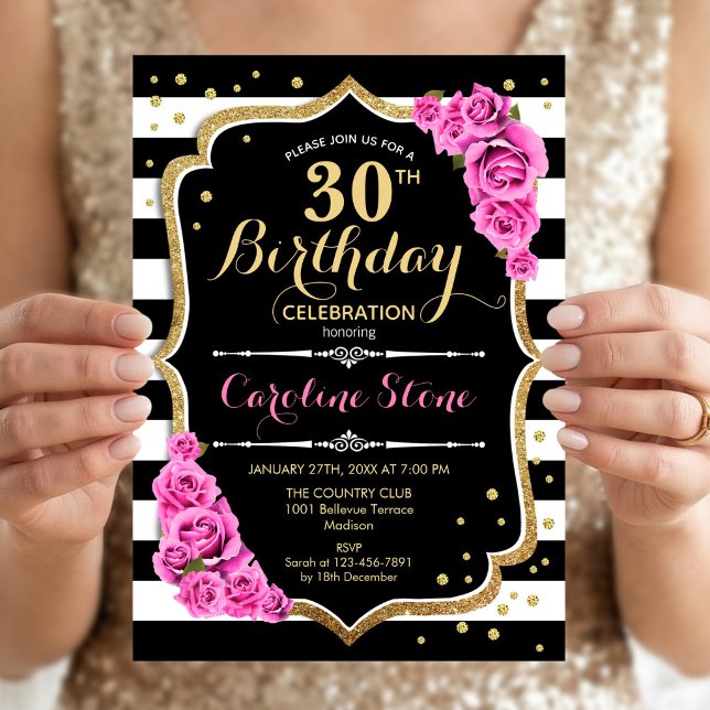 Convite de Aniversário de 30 Anos Listras Rosa Pre (Criador carregado)